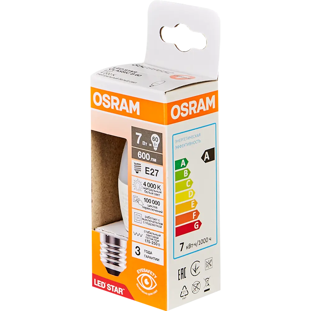 Светодиодная лампа OSRAM свеча 7Вт с теплым белым светом 85099652 STLM-0934411 - Вид №3