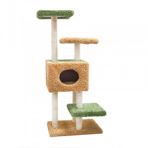 ПР0056216 Когтеточка для кошек с домиком и тремя площадками 61х46х118см бежево-зеленая ковролиновая Foxie