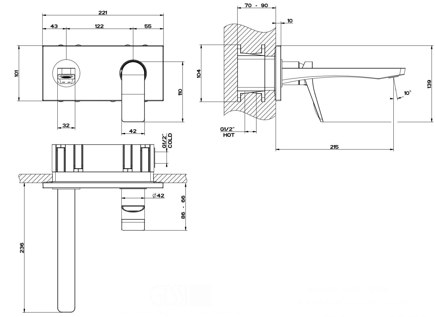 Латунный настенный смеситель для раковины с 2 отверстиями Gessi рельеф ARCH-00088813 - Вид №2