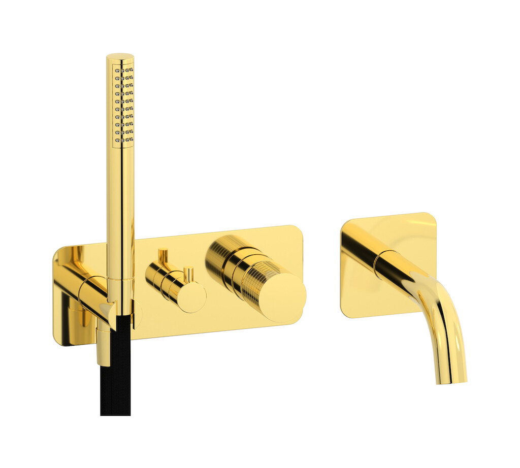 Настенный смеситель для ванной на дивертером и душевым гарнитуром. WE ARE IB ga398oo Gold Gatsby