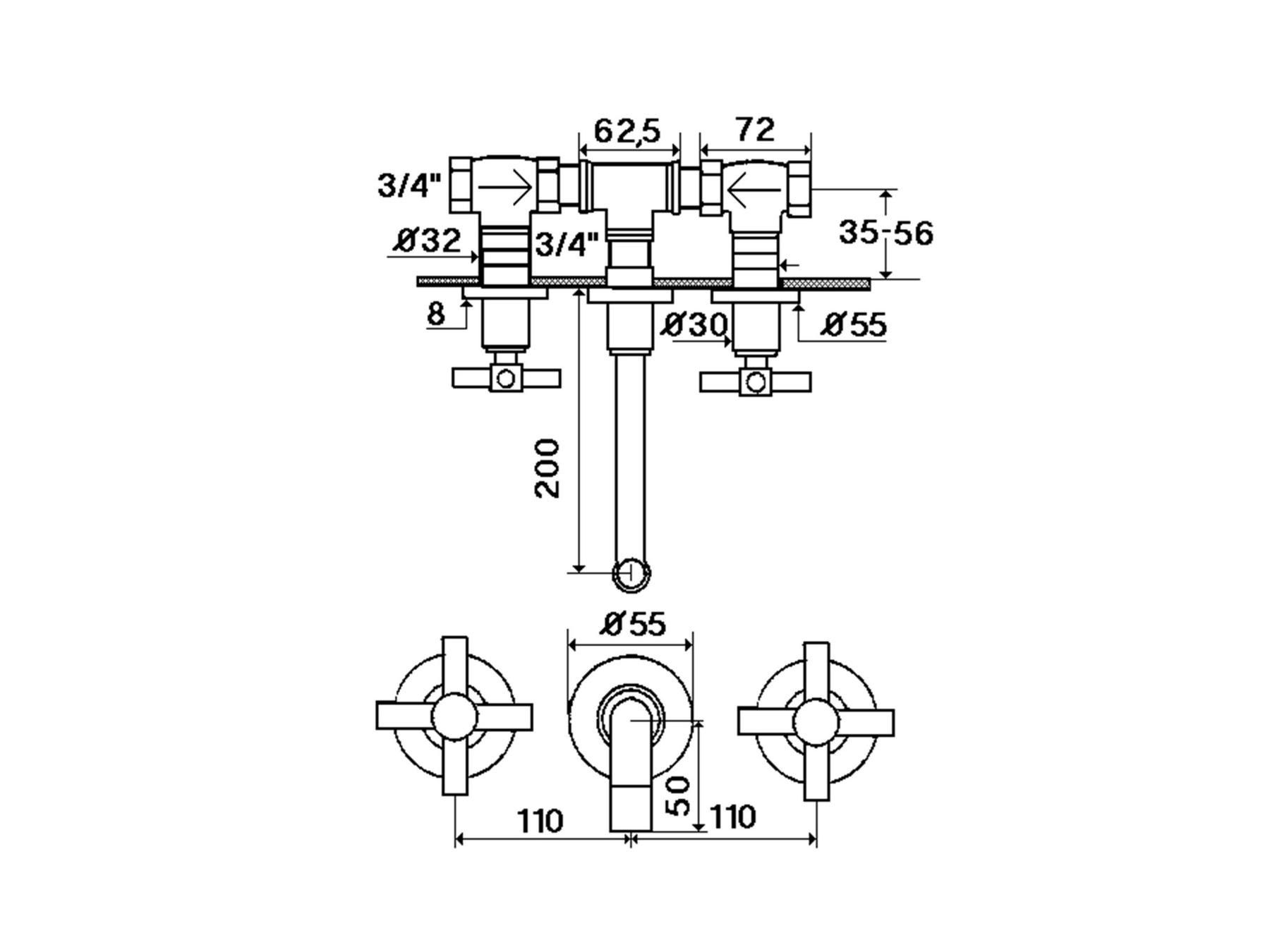 Настенный смеситель для раковины с 3 отверстиями rvb SULLY ARCH-00041297 - Вид №2