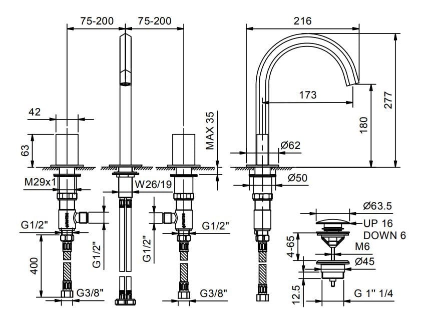 Умывальник с 3 отверстиями и ручками из шлифованного хрусталя Fantini Rubinetti Венеция ARCH-00137452 - Вид №4