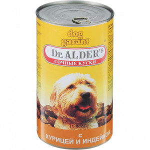 ПР0039853 Корм для собак Дог Гарант сочные кусочки в соусе Курица, индейка конс. 1230г Dr. ALDER`s