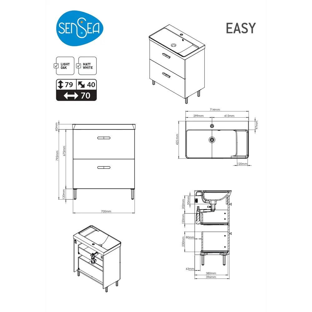 Тумба под раковину Sensea Easy напольная 70 см с двумя ящиками цвет дуб STLM-2050744 - Вид №11