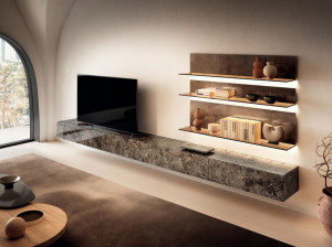 Оборудованная стеклянная стена с подставкой для телевизора