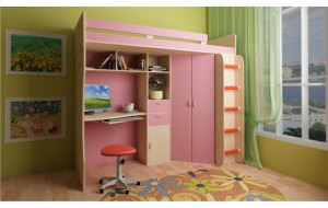 11696 Детская кровать Астра (чердак), дуб молочный / розовый РВ-мебель