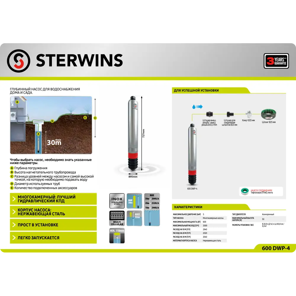 Насос садовый скважинный Sterwins 600 DWP-4, высота подъема 50 м, кабель 20 м, 3300 л/ч STLM-2147557 - Вид №9
